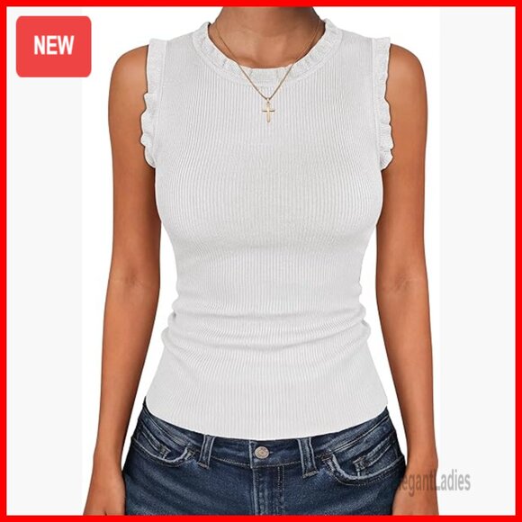 Tops - Ribbed Viscose Tank Top Crew Neck Ruffle Business Casual Summer
